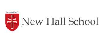 New Hall School New Hall School logo featuring a red shield and the school name in grey text.
