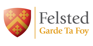 Felsted School Logo of Felsted, featuring a shield with a red background and decorative elements.